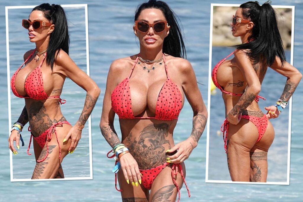 Katie Price shows off results of ‘painful botched’ BBL surgery in barely-there polka dot bikini on boozy Ibiza holiday
